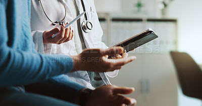 Buy stock photo Hands, doctor and patient with tablet, online results and conversation with feedback for diagnosis. People, closeup and medical insurance with professional, man and tech with stylus and consultation