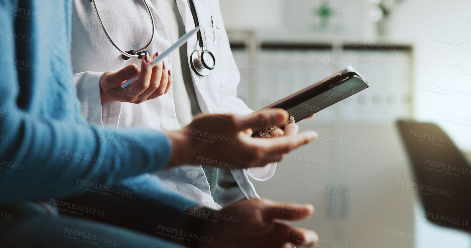 Buy stock photo Hands, doctor and patient with tablet, online results and conversation with feedback for diagnosis. People, closeup and medical insurance with professional, man and tech with stylus and consultation