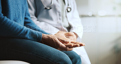 Buy stock photo Hands, healthcare or stress with doctor and patient in hospital for appointment, checkup or diagnosis. Medical, support and treatment with medicine professional speaking to person in clinic closeup