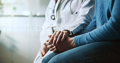 Buy stock photo Hands, doctor and patient with comfort, consultation or advice with support in clinic. Closeup, help or medical with professional, sympathy or review for diagnosis, healthcare or empathy with results