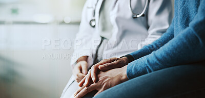 Buy stock photo Doctor, hands and empathy with patient for consultation, breaking news or clinic results at hospital. Closeup, medical employee or helping client with sympathy or talk for grief, loss or support