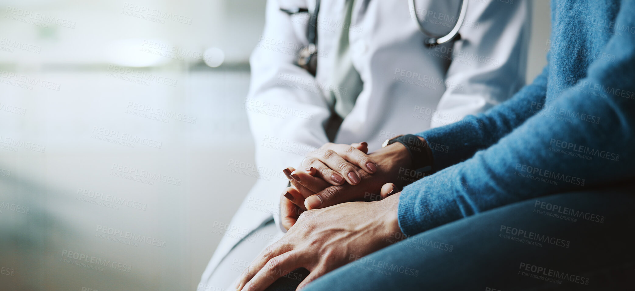 Buy stock photo Holding hands, doctor and patient with compassion, consultation or advice with healthcare in clinic. Closeup, help or medical with comfort, sympathy or review for diagnosis or empathy with people