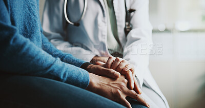 Buy stock photo Holding hands, doctor and patient with comfort, compassion and advice with results in clinic. Closeup, help and medical with sympathy, consultation or review for diagnosis, healthcare and empathy