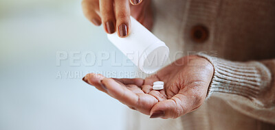 Buy stock photo Hands, medication and pills in home with illness or medical condition for health, remedy and cure. Female person, capsules and pharmaceutical for symptoms, allergy and recovery in hospital or clinic