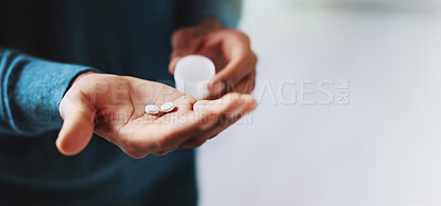 Buy stock photo Hands, medication and pills in palm for medical condition or illness as health, remedy and cure. Male person, tablets and pharmaceutical drugs for symptoms, allergy and recovery in hospital or clinic