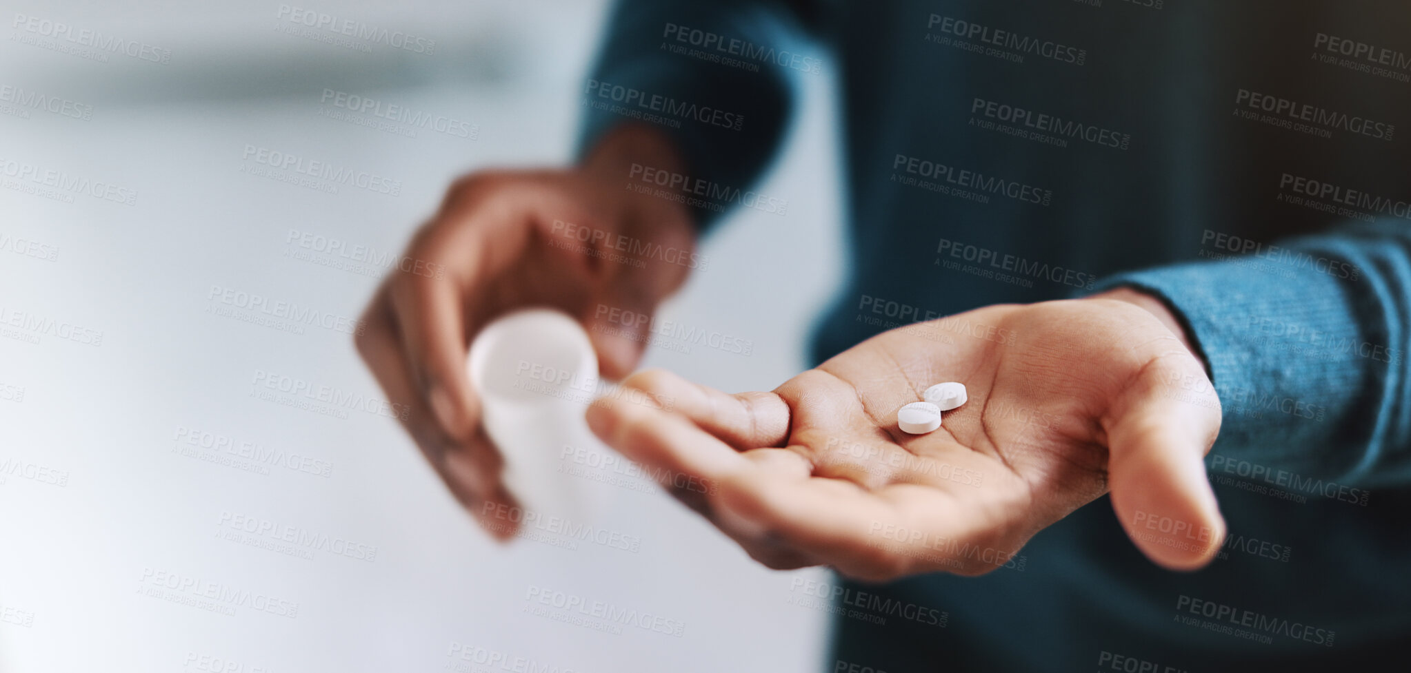 Buy stock photo Hands, medication and pills in palm with allergy or medical condition as health, remedy and cure. Male person, tablets and pharmaceutical drugs for symptoms, illness or recovery in hospital or clinic