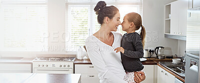 Buy stock photo Happy mother, kid and touch nose in home for love, care or family connection with parent in kitchen. Smile, girl and mom carry child for support, bonding and together with daughter for relationship