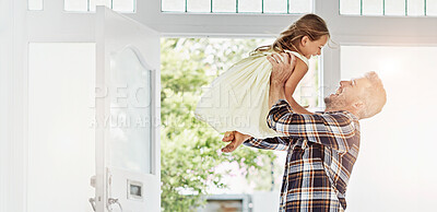 Buy stock photo Father, laugh and lift child in home for reunion, welcome and family connection by door. Happy, girl and dad carry kid for support, bonding together or parent play funny game with daughter for return
