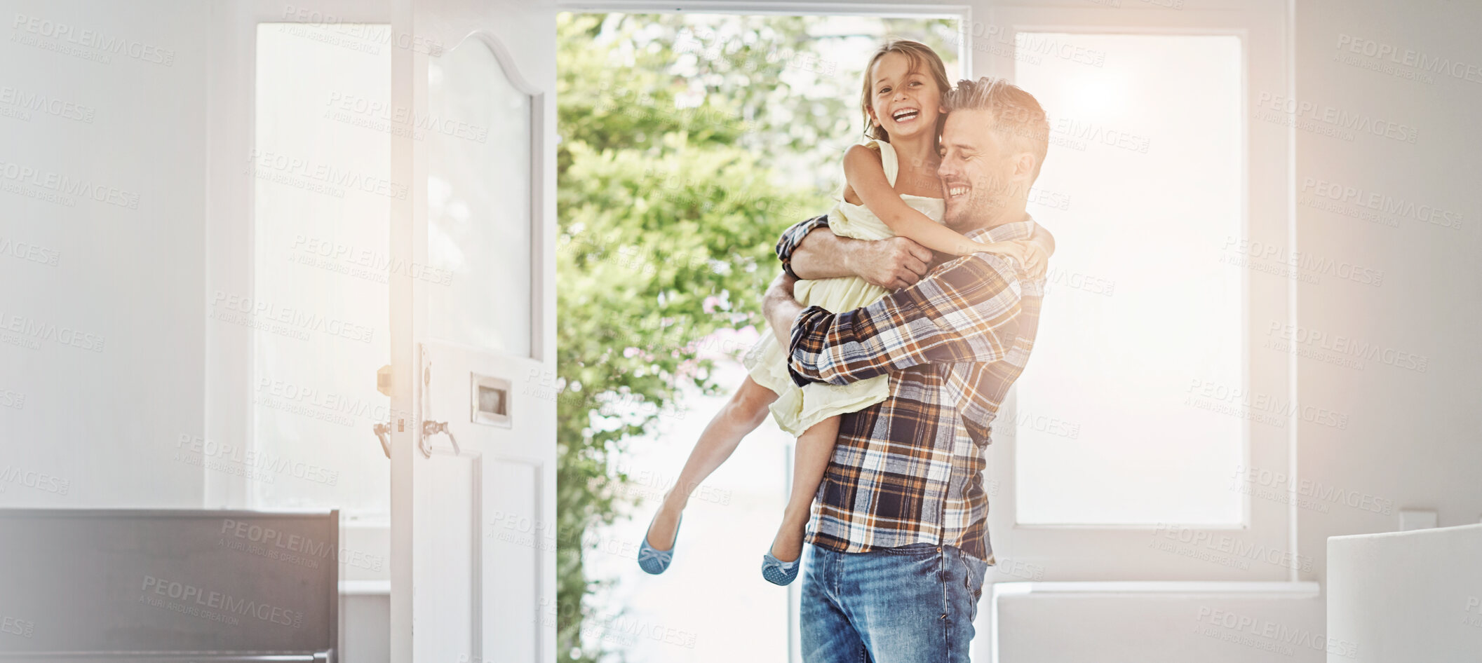 Buy stock photo Father, happy kid and hug to welcome in home, reunion or hello for family connection by front door. Return, girl or dad embrace child for support, bonding together or excited daughter greeting parent