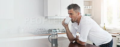 Buy stock photo Kitchen, man and thinking with drinking coffee on counter in morning with ideas and daydreaming at home. Male person, banner and mock space with cup of tea as warm beverage to relax, rest and calm