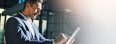 Buy stock photo Office, tablet and businessman thinking for research, website project or email on internet. Banner, mockup or space with person on digital tech for social networking, b2b connection or online contact