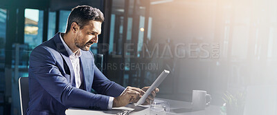 Buy stock photo Office, tablet and businessman thinking for project, website research or email on internet. Banner, mockup or space with person on digital tech for social networking, b2b connection or online contact