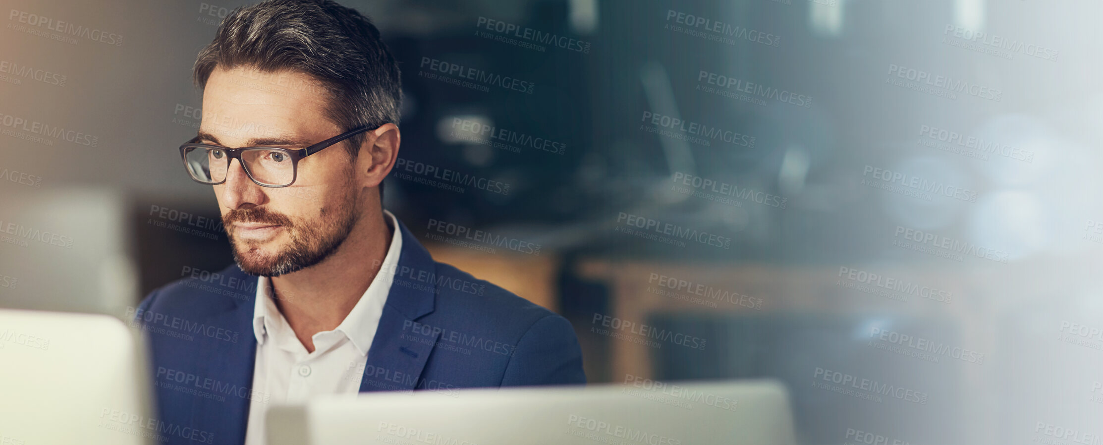 Buy stock photo Office, computer and businessman thinking for website, research project or email on internet. Banner, mockup or space with person on technology for social networking, b2b connection or online contact