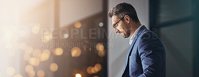 Buy stock photo Office, businessman and thinking for project, research and proposal at law firm. Banner, mockup and space with bokeh and lawyer for b2b connection, corporate attorney and problem solving at night 