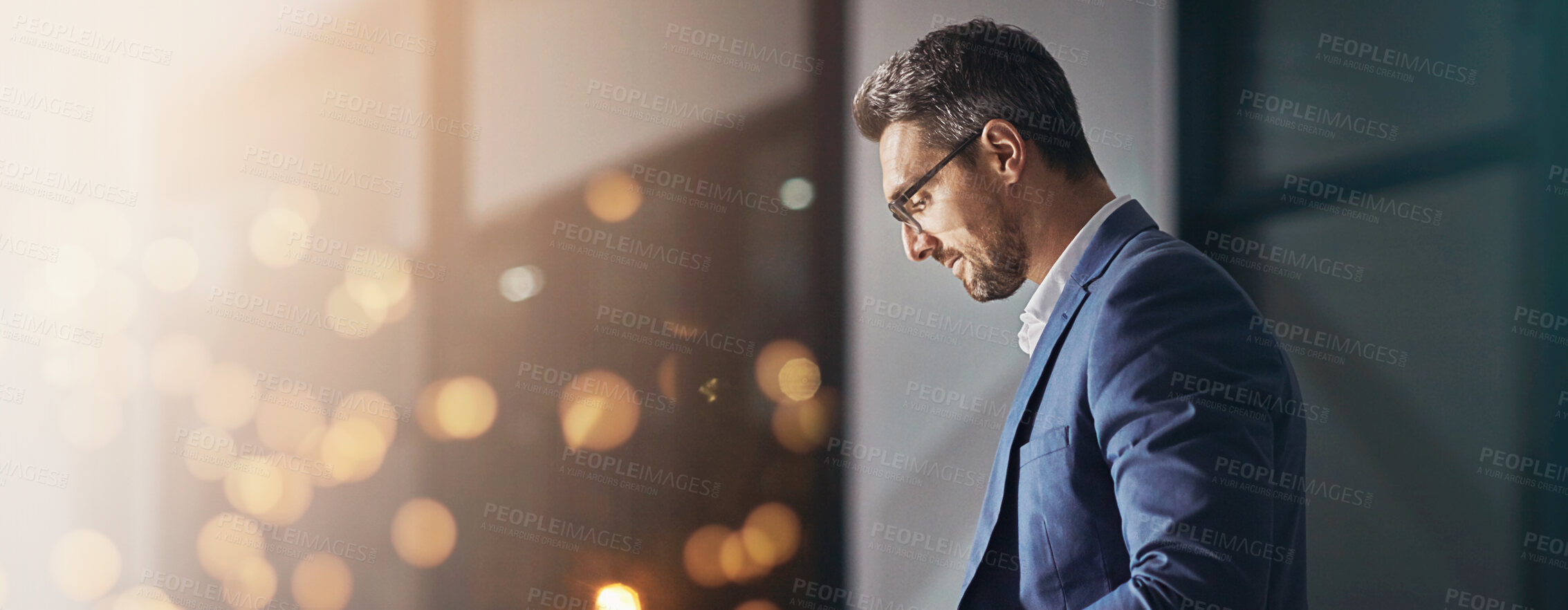 Buy stock photo Office, businessman and thinking for project, research and proposal at law firm. Banner, mockup and space with bokeh and lawyer for b2b connection, corporate attorney and problem solving at night 