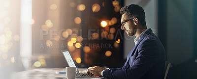 Buy stock photo Office, businessman and laptop for project, online research or proposal at law firm. Banner, mockup and space with bokeh and lawyer for b2b connection, corporate attorney or problem solving at night 