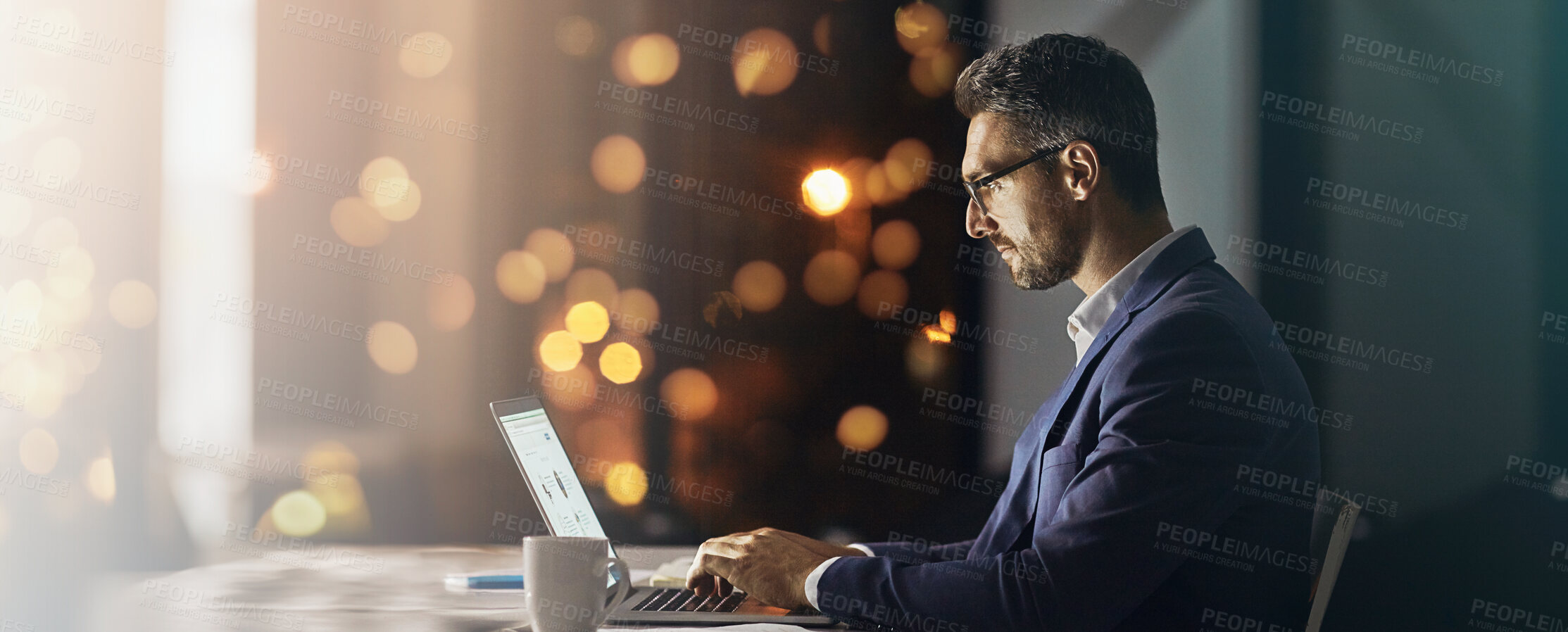 Buy stock photo Office, businessman and laptop for project, online research or proposal at law firm. Banner, mockup and space with bokeh and lawyer for b2b connection, corporate attorney or problem solving at night 