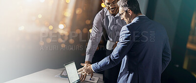 Buy stock photo Teamwork, night or business people with laptop for advice, investment research or budget plan. Collaboration, bokeh and financial advisor on technology for news, accounting help and growth report