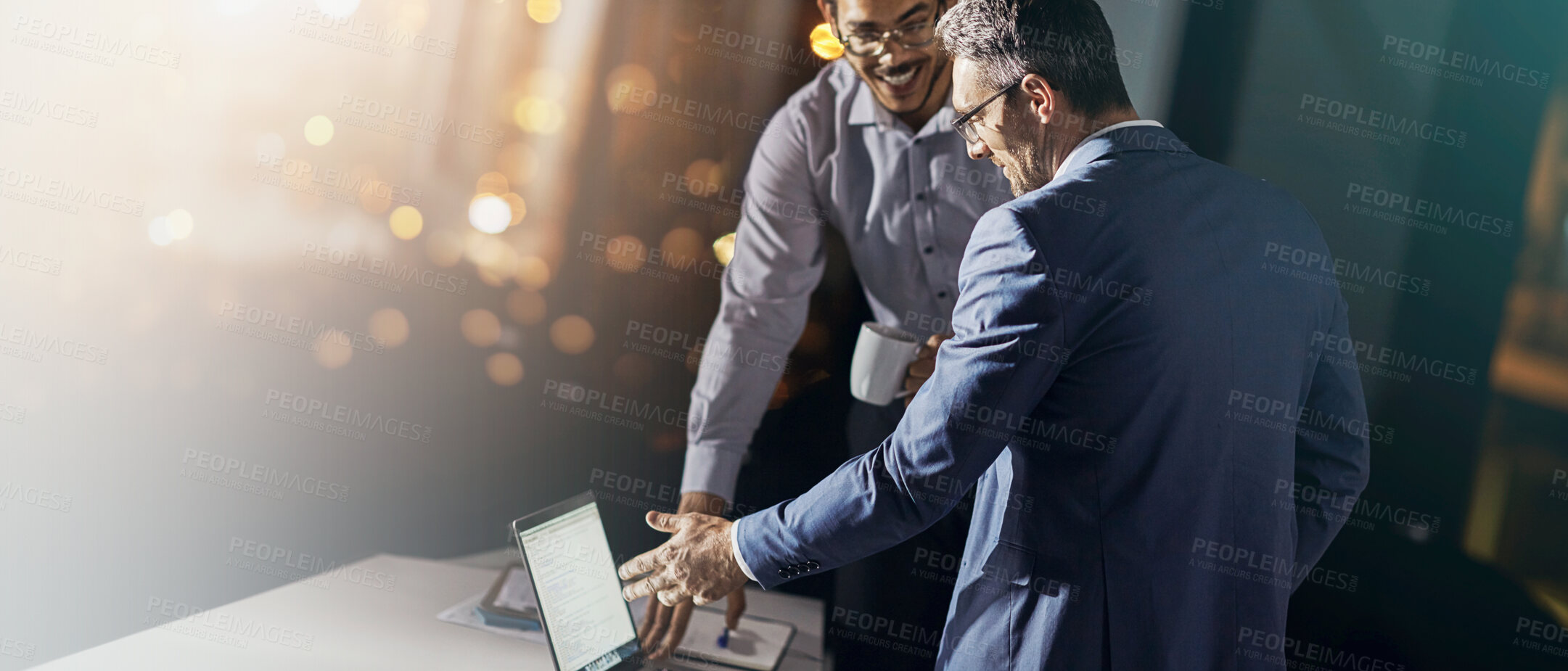 Buy stock photo Teamwork, night or business people with laptop for advice, investment research or budget plan. Collaboration, bokeh and financial advisor on technology for news, accounting help and growth report