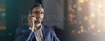 Buy stock photo Mature, business man and phone call in office for financial investment deal, contract negotiation and client feedback. Banner, CEO and consulting investor on proposal progress and space with bokeh