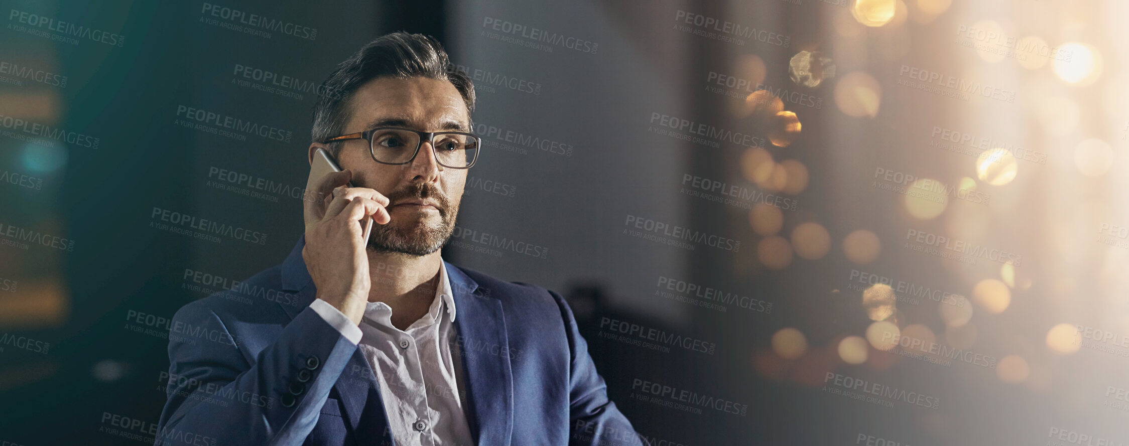 Buy stock photo Mature, business man and phone call in office for financial investment deal, contract negotiation and client feedback. Banner, CEO and consulting investor on proposal progress and space with bokeh