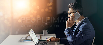 Buy stock photo Contact, business man and phone call with laptop for investment deal, contract negotiation and deadline at night. Banner, mature CEO and sales report screen for investor feedback or advice with bokeh