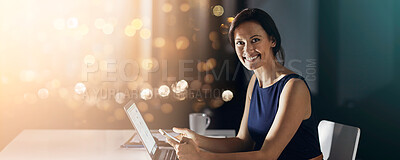 Buy stock photo Office, night or businesswoman with phone for portrait, finance or budget growth for profit. Bokeh, smile or happy financial advisor on laptop or mobile app technology for online report or accounting