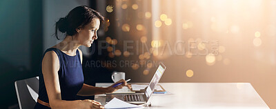 Buy stock photo Office, business woman and laptop for project, online research or proposal at law firm. Banner, mockup and bokeh space for lawyer, b2b connection and corporate attorney or problem solving at night