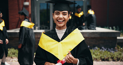 Buy stock photo Graduation, portrait and woman with certificate, smile and celebration of education, event and confident. Outdoor, success and person with knowledge, proud and cap for ceremony, happy and degree
