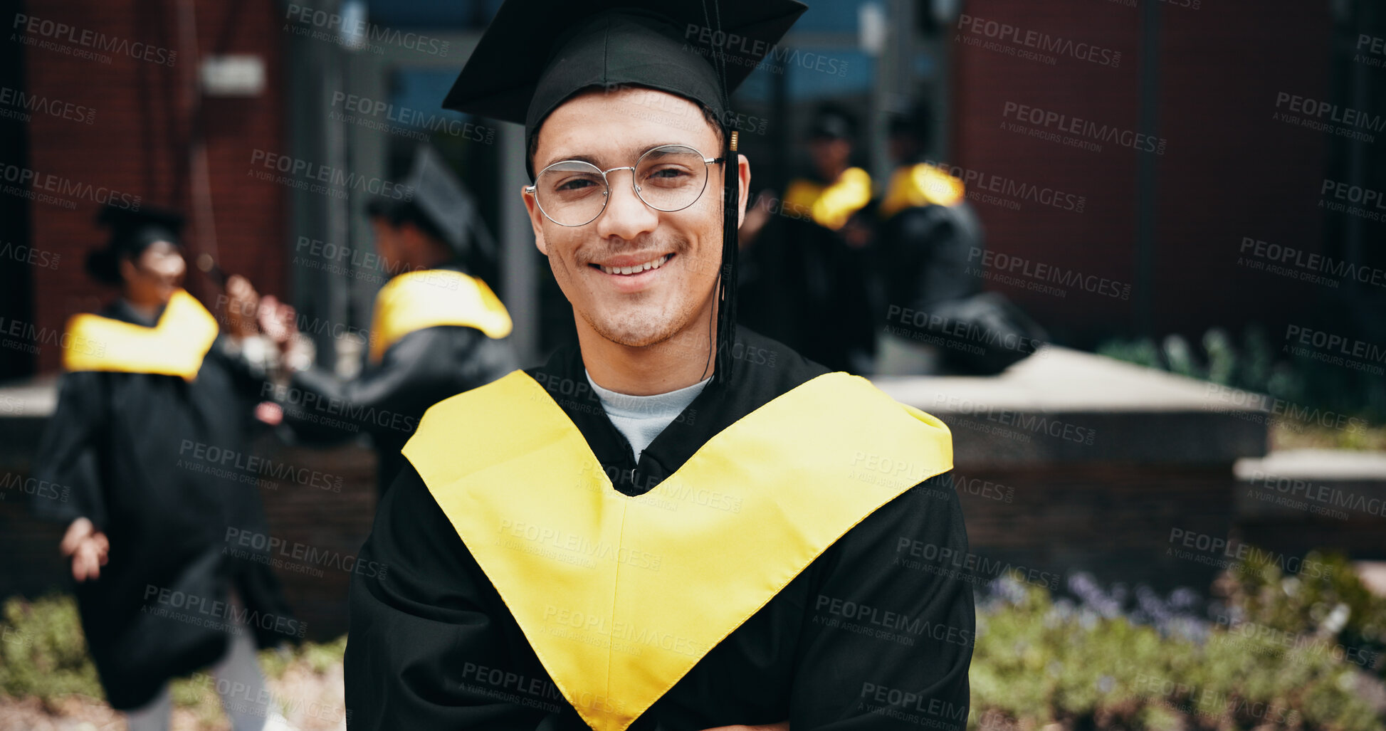 Buy stock photo Graduation, portrait and man in university, smile and celebration of education, event and confident. Outdoor, success and person with knowledge, proud and cap for ceremony, happy and scholarship
