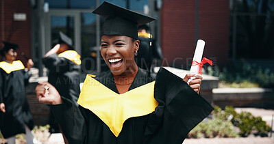 Buy stock photo Graduation, portrait and woman with degree, excited and celebration of education, event or confident. Outdoor, success and person with certificate, university and cap for ceremony, joy or scholarship