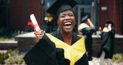Buy stock photo Graduation, celebration and woman with degree, excited and happy for education, event and confident. Outdoor, success and person with certificate, university and cap for ceremony, joy and scholarship