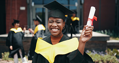 Buy stock photo Graduation, education and woman with degree, excited and happy for success, event and confident. Outdoor, celebration and person with certificate, university and cap for ceremony, joy and scholarship