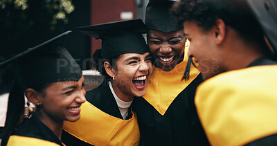 Buy stock photo Education, excitement and graduation with group of friends on college or university campus together. Celebration, smile and success with happy graduate or student people cheering for milestone goals