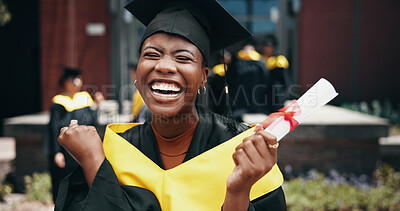 Buy stock photo Graduation, success and woman with degree, excited and happy for education, event and confident. Outdoor, celebration and person with certificate, university and cap for ceremony, joy and scholarship