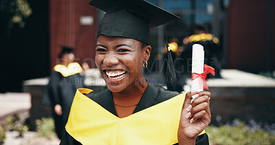 Buy stock photo Graduation, education and woman with degree, portrait and happy for success, event and confident. Outdoor, celebration and person with certificate, university and cap for ceremony, joy or scholarship