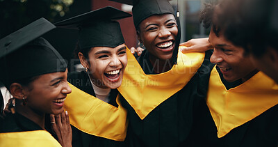 Buy stock photo Education, graduation and huddle with group of friends on college or university campus together. Celebration, school and success with happy graduate or student people cheering for milestone goals