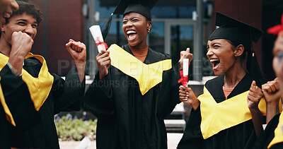 Buy stock photo Celebration, excitement and graduation with group of friends on college or university campus together. Education, goals and smile with happy graduate or student people cheering for milestone success