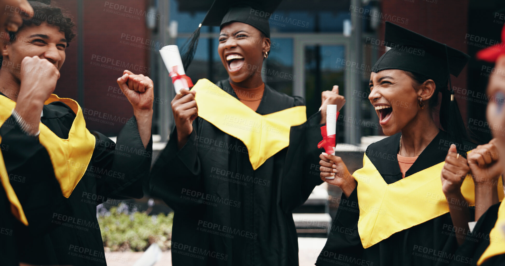 Buy stock photo Celebration, excitement and graduation with group of friends on college or university campus together. Education, goals and smile with happy graduate or student people cheering for milestone success