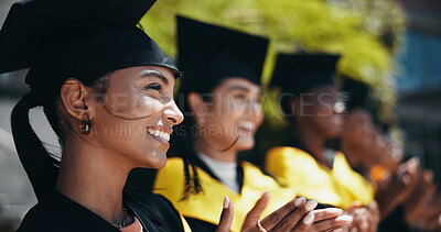 Buy stock photo Woman, students and applause at university for graduation, peer support and happy for achievement. People, clapping and outdoor on campus for academic success, pride and smile for education milestone