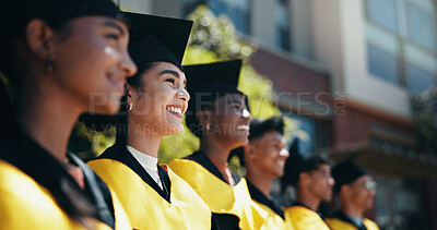 Buy stock photo Graduation, success and event for celebration, group and happy for education, diploma and scholarship. Outdoor, smile and people with knowledge, achievement and woman with cap in university or degree