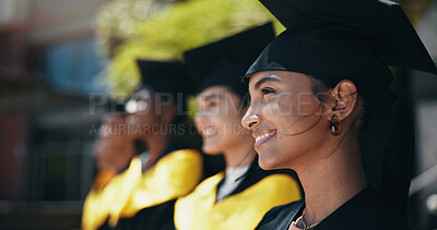 Buy stock photo Happy, college and graduation for woman, group and celebration for education, diploma and scholarship. Outdoor, smile and people with knowledge, university and student with cap for achievement