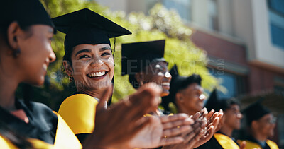 Buy stock photo People, students and applause at university for graduation, peer support and happy for achievement. Class, clapping and outdoor on campus for academic success, pride and smile for education milestone