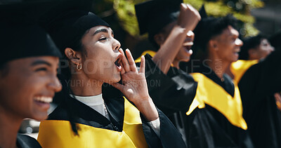 Buy stock photo Students, excited or cheering at university for graduation, peer support or celebration for achievement. Woman, class or outdoor on campus for academic success, pride or shout for education milestone