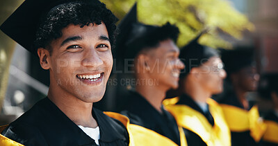 Buy stock photo Group, college and graduation for man, education and celebration for diploma, happy or scholarship. Outdoor, smile and people with knowledge, university and student with cap for achievement or degree