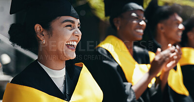 Buy stock photo Woman, excited and students at university for graduation, peer support and happy for achievement. Class, applause or outdoor on campus for academic success, pride and cheering for education milestone