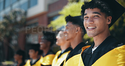 Buy stock photo Group, college and graduation for man, success and celebration for diploma, happy and scholarship. Outdoor, smile and people with knowledge, university and student with cap for achievement and degree