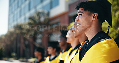 Buy stock photo Education, happy and graduation for group, man and celebration for diploma, smile and scholarship. Outdoor, milestone and people with knowledge, university and student with cap for achievement