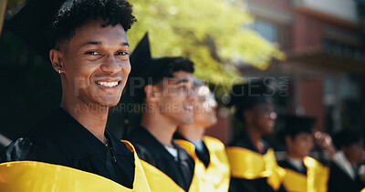 Buy stock photo Education, man and graduation for group, success and celebration for diploma, smile and scholarship. Outdoor, milestone and people with knowledge, university and student with cap for achievement