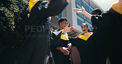 Buy stock photo Celebration, education and graduation with group of students outdoor on college or university campus. School, smile or success with happy graduate friends or people cheering for milestone goals